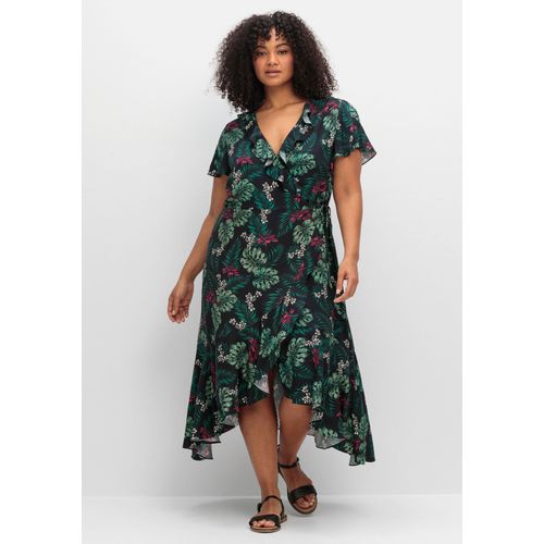 Wickelkleid mit Tropenprint und Volant, schwarz bedruckt, Gr.50