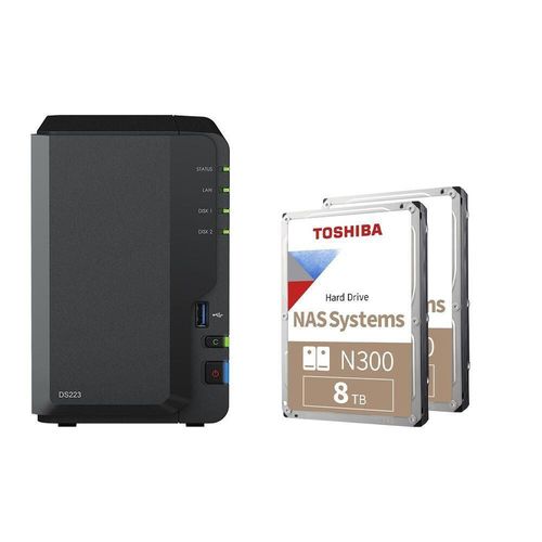 Synology DiskStation DS223 2 Einschübe NAS-Server Leergehäuse + 16TB (2x8TB) Toshiba N300 SATA 3.5