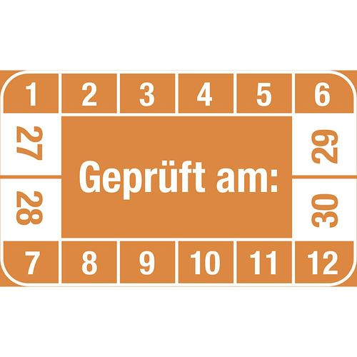 Mehrjahresplakette, Geprüft am, LxH 40 x 25 mm, VE 10 Stk, orange, 27 - 30 kaiserkraft