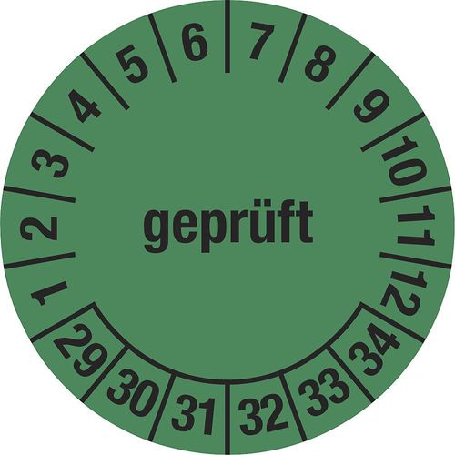 Mehrjahresplakette, geprüft, grün, Dokumentenfolie, Ø 30 mm, VE 10 Stk, 29 - 34 kaiserkraft