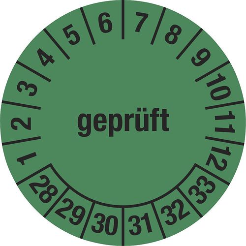 Mehrjahresplakette, geprüft, grün, Dokumentenfolie, Ø 30 mm, VE 10 Stk, 28 - 33 kaiserkraft