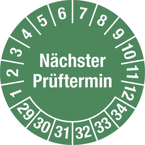 Prüfplakette, Mehrjahreszahlen, sicherheitsgestanzte Folie, Ø 30 mm, VE 10 Stk, 29 - 34, grün kaiserkraft