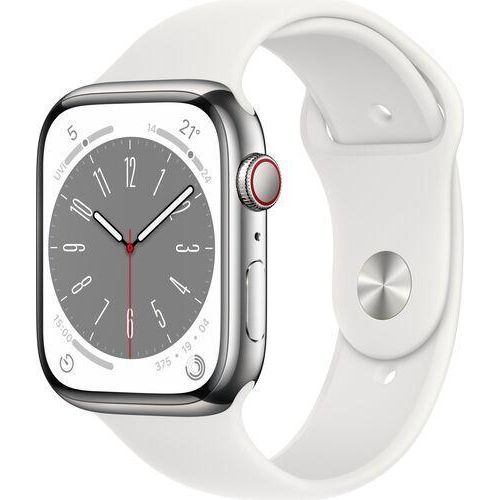 Apple Watch Series 8 Roestvrij staal 45 mm (2022) | GPS + Cellular | zilver | Sportbandje wit