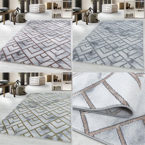Modern Designer Teppich, Kurzflor Rauten, Marmor Optik, Rechteckig, Pflegeleicht
