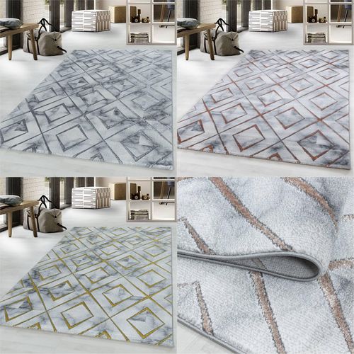 Modern Designer Teppich, Kurzflor Rauten, Marmor Optik, Rechteckig, Pflegeleicht