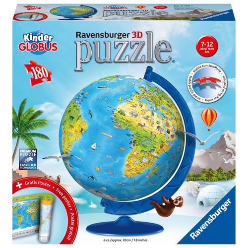 Ravensburger 3D Puzzle 11160 - Puzzle-Ball Kinderglobus in deutscher Sprache - 180 Teile - Puzzle-Ball Globus für Kinder ab 6 Jahren