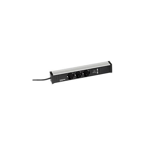 Steckdosenleiste Treston 331, 3-fach, 2 x USB A, vertikale Befestigung, 4,5 m langes Kabel, 16 A/250 V, B 331 x T 44 x H 52 mm, Aluminium