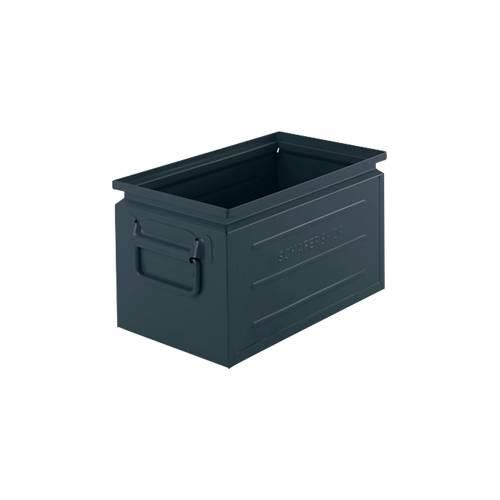 Schäfer Shop Select Stapelbox, Volumen 13,4 l, 80 kg, Faltgriffe, L 379 x B 207 x H 200 mm, Stahlblech, grau/blau RAL 5008