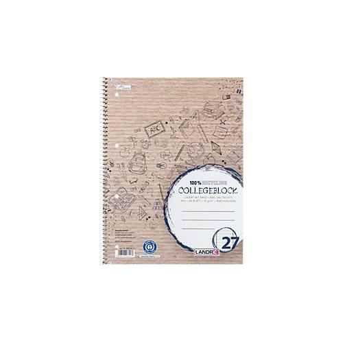 Collegeblock LANDRÉ Recycling, 80 Blatt, DIN A4+, 70 g/m², 4-fach gelocht, Spiralbindung, OPTIK PAPER®, Lineatur 27, blau