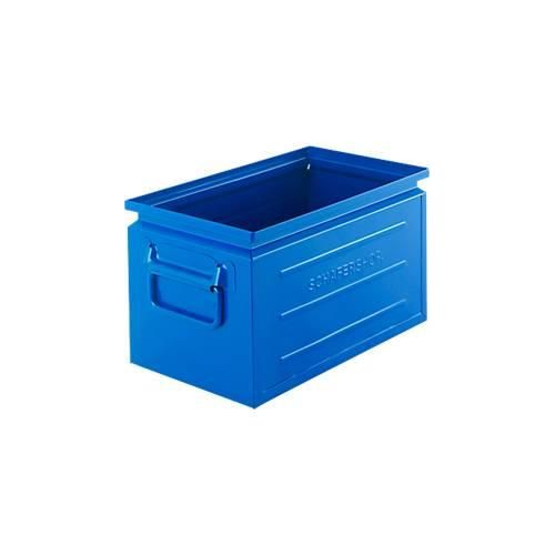 Schäfer Shop Select Stapelbox, Volumen 13,4 l, 80 kg, Faltgriffe, L 379 x B 207 x H 200 mm, Stahlblech, blau RAL 5015