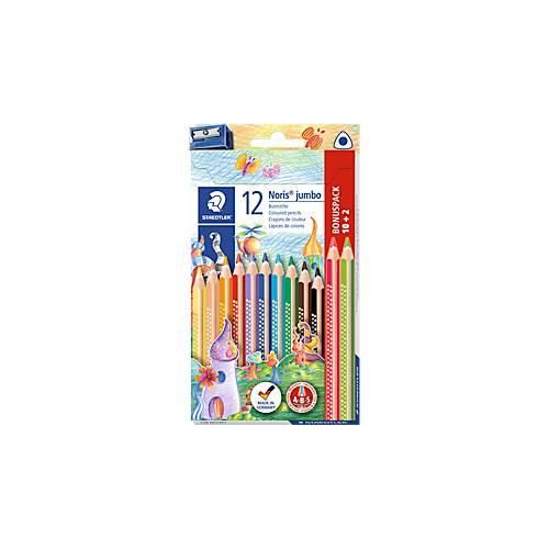 Buntstifte Staedtler Noris® jumbo 128, 3-Kant, ABS-Minenschutz, Sternchendesign & Namensfeld, FSC®-zertifiziert, farbsortiert, 12 Stück + Anspitzer