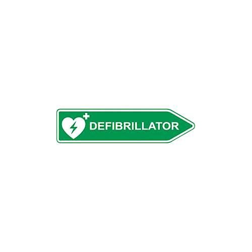 Defibrillator-AED-Standort-Straßenschild, Pfeilform, rechtsweisend, nachtleuchtend, wetterfest, Dibond-Druck, L 600 x H 150 mm, grün-weiß