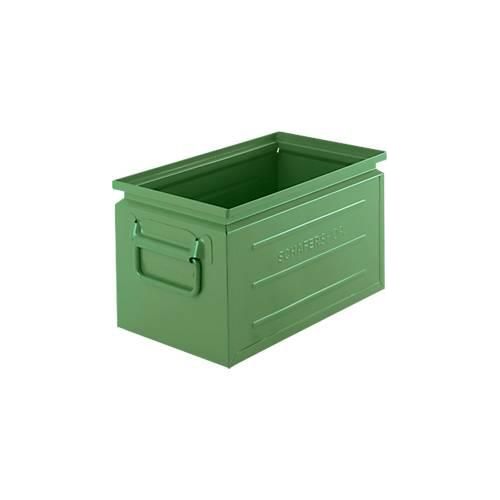 Schäfer Shop Select Stapelbox, Volumen 13,4 l, 80 kg, Faltgriffe, L 379 x B 207 x H 200 mm, Stahlblech, grün RAL 6011