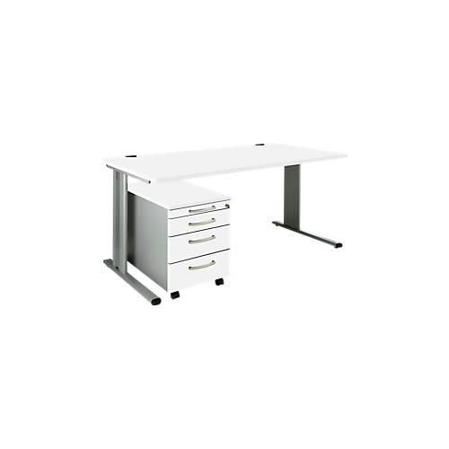 Schäfer Shop Pure 2-tlg. Büromöbel-Set PLANOVA BASIC, Schreibtisch, B 1600 mm, weiß/weißalu, mit Kabelkanal + Rollcontainer 1233