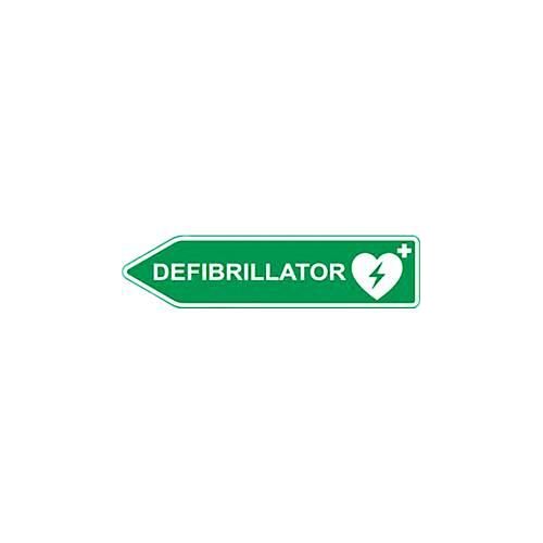 Defibrillator-AED-Standort-Straßenschild, Pfeilform, linksweisend, nachtleuchtend, wetterfest, Dibond-Druck, L 600 x H 150 mm, grün-weiß