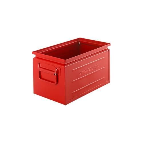 Schäfer Shop Select Stapelbox, Volumen 13,4 l, 80 kg, Faltgriffe, L 379 x B 207 x H 200 mm, Stahlblech, rot RAL 3000