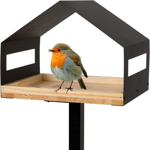 Design Vogelhaus mit Ständer aus Metall und Holz wetterfest, modernes Vogelfutterhaus groß Metalldach stehend, Vogelhäuschen Futterhaus für Vögel