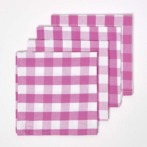 Pink karierte Stoffservietten aus Baumwolle im 4er Pack - Rosa kariert - Homescapes