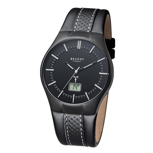 Regent Funkuhr Herren-Armbanduhr schwarz FR216 Herrenuhr Leder schwarz