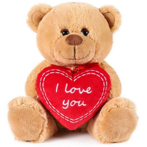 BRUBAKER Kuscheltier Teddybär mit I Love You Herz (1-St), kleiner Teddy Bär für Freundin oder Ehefrau, Stofftier Plüschtier mit Liebesbotschaft, braun