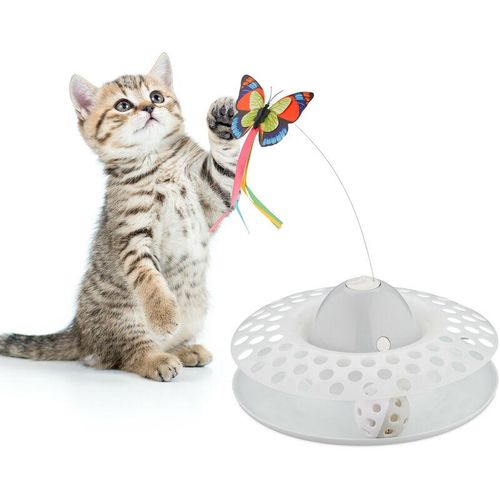 Relaxdays - Katzenspielzeug Schmetterling und Ball, HxD: 33,5x22 cm, interaktives Katzenkarussel, Katzenrondell 360°, weiß