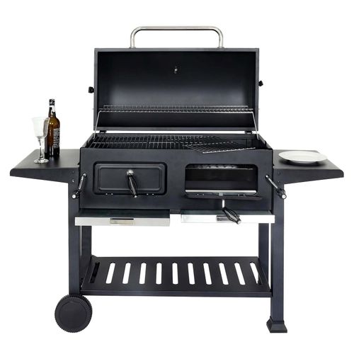 Holzkohlegrill MCW-K94, Grillwagen Standgrill BBQ Gartengrill mit Deckel Ablage, Stahl Emaille 110x153x60cm schwarz
