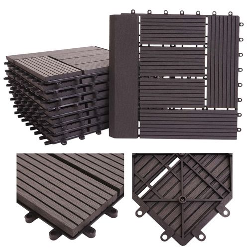 WPC Bodenfliese Sarthe + Abschluss, Holzoptik Balkon/Terrasse, 11x je 30x30cm = 1qm Premium ~ anthrazit versetzt