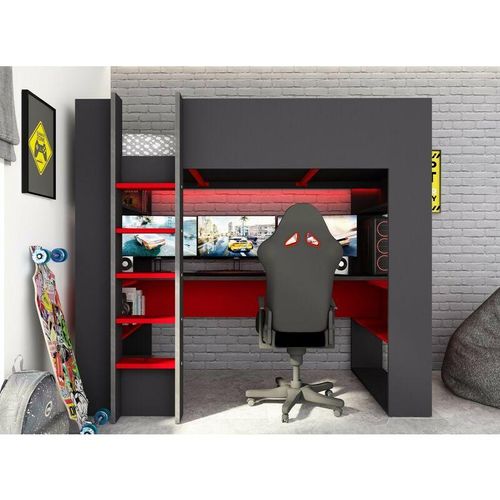 Hochbett Gamer für ein Kind Graphit Schwarz und Rot mit Schreibtisch Schwarz und Rot