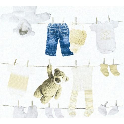 Babyzimmer Tapete als Panel Selbstklebende Tapete mit Teddybär ideal für Jungen und Mädchen Baby Vliestapete in Blau und Weiß mit Vinyl - White,