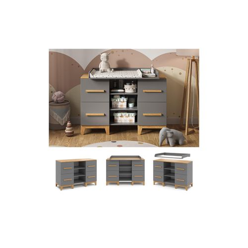 VitaliSpa Wickelkommode Malia XL 133 x 70 cm, Grau Eiche, Wickeltisch, Wickelauflage