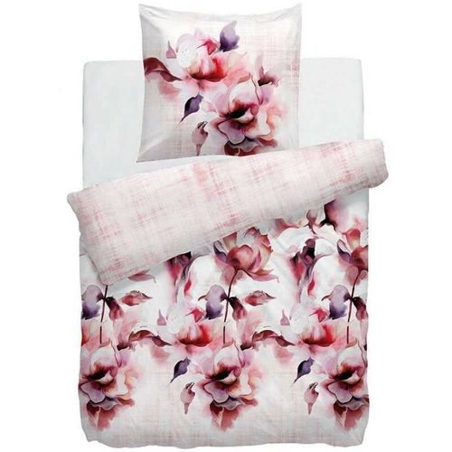 HnL Satin Bettwäsche Blumen Rosa Nature Polly Bunt 135x200 + 80x80 cm - Rosa