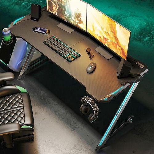 Gaming Tisch led mit Getränkehalter,Kopfhörerhalter Computertisch schwarz,Z-förmige ergonomische Design,140x60x75cm rgb Beleuchtung - Sonni