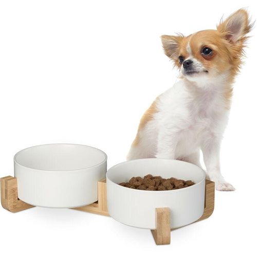 Hunde Napfbar Keramik, 850 ml, Futter & Wasser, Futternapf mit Bambus-Gestell, HxBxT: 9 x 32 x 17 cm, weiß - Relaxdays