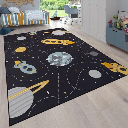 Paco Home - Teppich Kinderzimmer Kinderteppich Rutschfest Rakete Planet Sterne Grau Blau Gelb 160 cm Rund