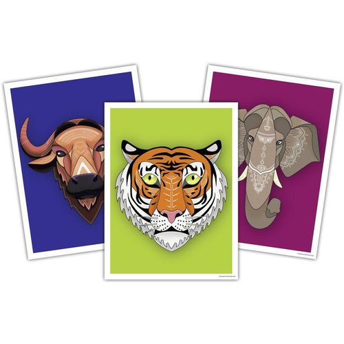 Asiatische Tiere Kunstdruck 3er-Set, Madeleine Asiatischer Elefant, Tiger und Wasserbüffel, Papier 250 gr. matt