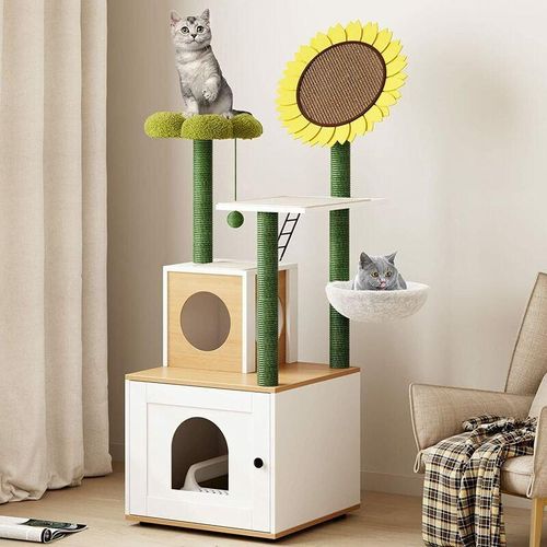Katzenbaum mit Katzentoilette, verstecktes Katzenwaschraum mit Kratzpfosten, Katzenbaumturm mit Katzenwohnung und Hängematte - Soges
