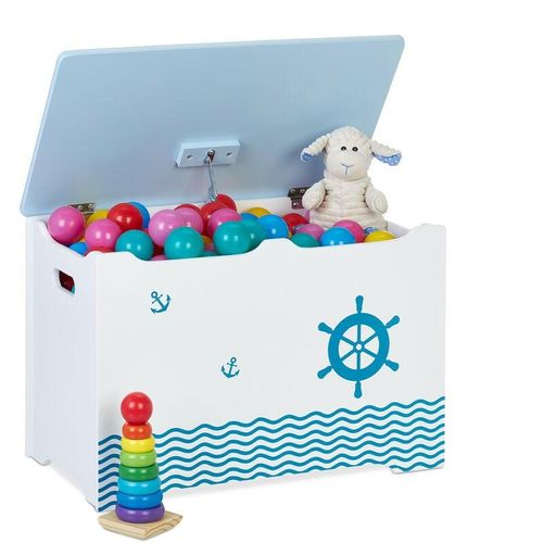 Spielzeugtruhe, Seefahrt-Design, Spielzeugkiste mit Deckel, hbt: 40 x 60 x 34 cm, mdf, Spielzeugbox, weiß/blau - Relaxdays