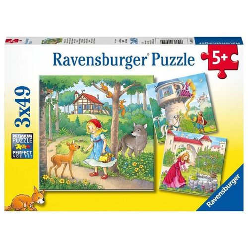 Ravensburger Kinderpuzzle - 08051 Rapunzel, Rotkäppchen & der Froschkönig - Puzzle für Kinder ab 5 Jahren, mit 3x49 Teilen