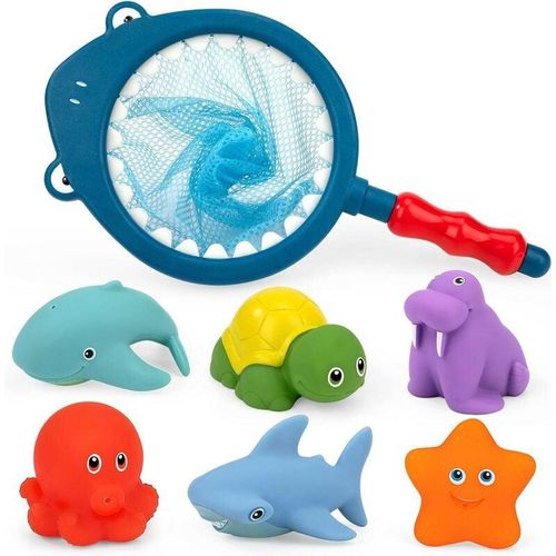 Kinsi - Baby Badespielzeug, 7 Stück Wasserspielzeug Badewanne oder Swimmingpool Schwimmtiere mit Fischernetz