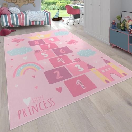Teppich Kinderzimmer Kinderteppich Rutschfest Spielteppich Spielfeld Herz Pink 160 cm Rund - Paco Home