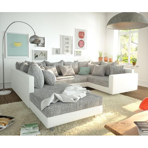 DELIFE Wohnlandschaft Clovis Weiss Hellgrau modular Hocker Armlehne
