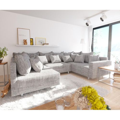DELIFE Wohnlandschaft Clovis Hellgrau Strukturstoff mit Armlehne Modulsofa