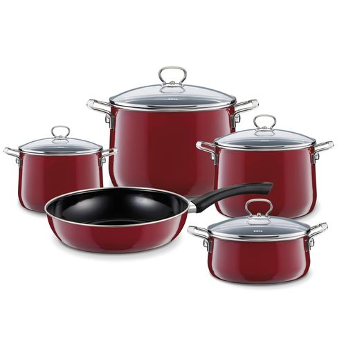Riess Topf-Geschirrset mit Glasdeckel 5-teilig Emaille Nouvelle Rosso extra stark