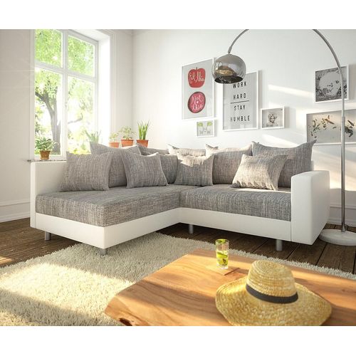 DELIFE Ecksofa Clovis Weiss Hellgrau Modulsofa Armlehne Ottomane Links