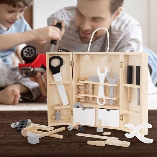 Werkzeugkasten für Kinder, 21x30x8 cm, Natur, aus Holz, inkl. 8 Werkzeugen, Montessori Spielzeug ab 1 Jahr, Pädagogische Holzspielzeug, Multifunktion