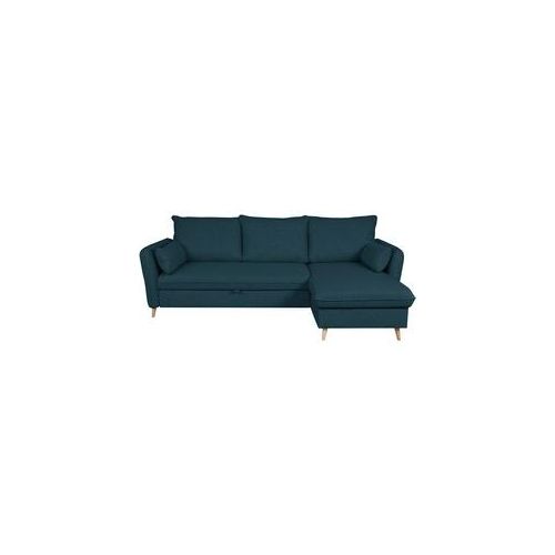 Schlaf-Ecksofa mit Stauraum 3/4-Sitzer ozeanblauer Stoff und helles Holz DRISS