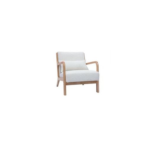 Skandinavischer Sessel aus weißem Stoff mit Bouclé-Wolleffekt und hellem Massivholz DERRY