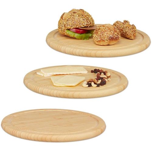 Frühstücksbrettchen, 3er Set Holzbretter, runde Schneidebretter aus Bambus, ø 30 cm, Brotzeitbretter, natur - Relaxdays