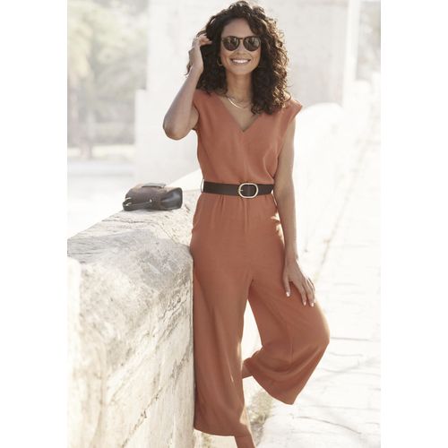 Overall LASCANA, Damen, Gr. 44, N-Gr, orange (terracotta), Web, Obermaterial: 100% Polyester, unifarben, modisch, figurumspielend knöchellang, V-Ausschnitt, ohne Ärmel, Overalls