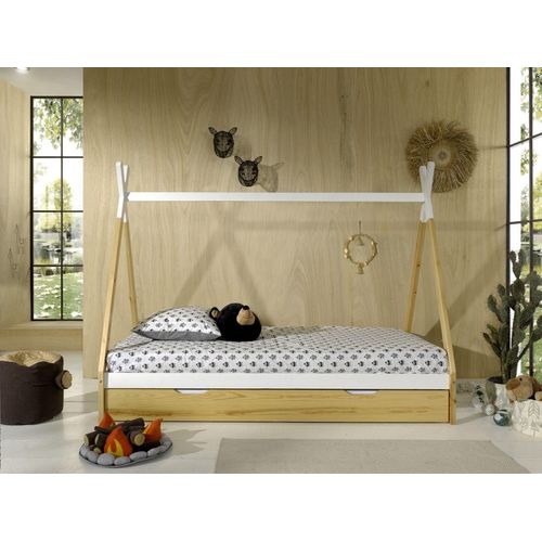 Tipi Zelt Bett Liegefläche 90 x 200 cm, inkl. Rolllattenrost und Bettschublade (Natur), Ausf. Kiefer